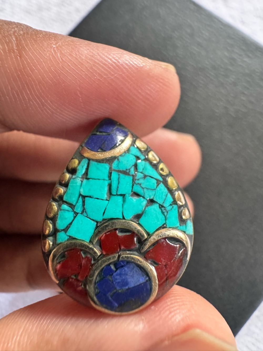 Teardrop Mosaic Statement Ring in Turquoise, Red & Blue